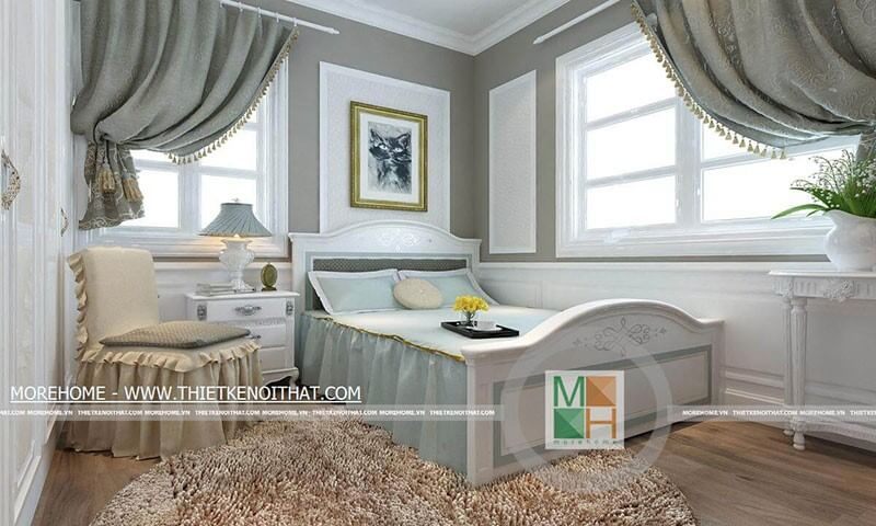 Thiết kế phòng ngủ nhỏ với nội thất tân cổ điển từ rèm, ghế tôn thêm sự quý phái cho căn phòng