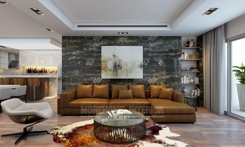 Sofa MS-003 có thiết kế hiện đại với bọc da màu nâu sang trọng, giúp tạo nên một không gian lãng mạn và dễ dàng vệ sinh cho phòng khách chung cư.