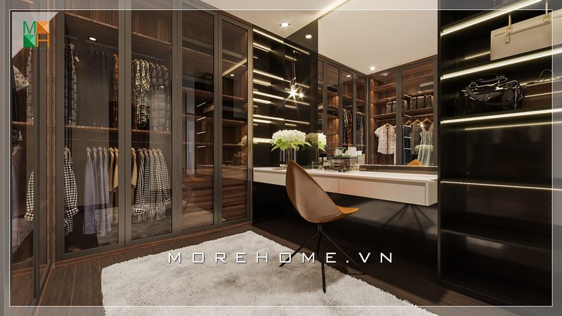Mẫu kệ tủ quần áo có thiết kế âm tường kịch trần cửa lùa kính hiện đại và tiện lợi.