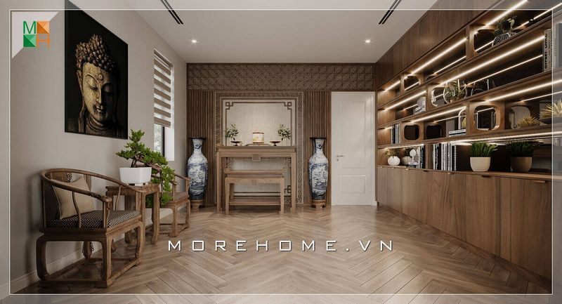 Sàn lát gỗ phòng thờ đã làm ấn tượng mạnh mẽ trong tâm trí người xem.